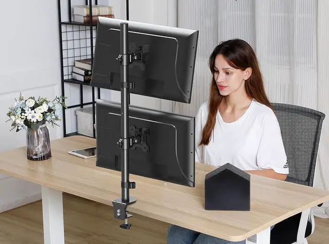 Alt view image 4 of 7 - MOUNT PRO Vertical Dual Monitor Stand, Stacked Monitor Mount for 2 Monitors Up to 32 inches, Computer Monitor Arm with Swivel, Tilt, Height Adjustable, Each Monitor Desk Mount Holds up to 17.6 lbs