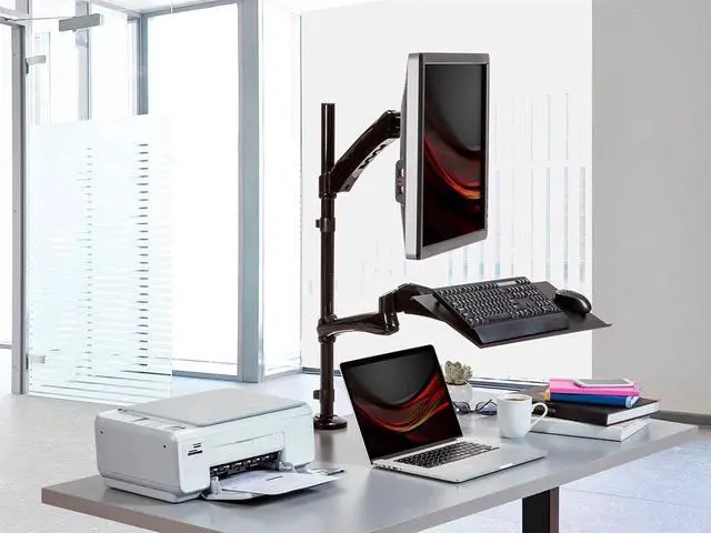 Alt view image 6 of 6 - Monoprice Articulating Gas Spring Sit Stand Monitor and Keyboard Workstation Mount - for Displays 13in to 26in, VESA 75x75 to 100x100, Easy to Use, Compatible with Most Desks, Black