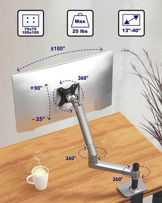 Alt view image 2 of 7 - Single Monitor Arm Desk Mount, Holds Screens up to 40 Inches and 25 lbs, Fully Adjustable Vesa Monitor Mount with C-Clamp and Grommet Base, Aluminum, Silver