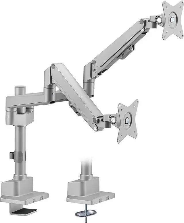 Main image of Mount-It! Dual Monitor Desk Mount | Pole Mounted Gas Spring Dual Monitor Arm | Premium Height Adjustable Computer Display Riser, VESA 75, 100 Fits Up to 32" Screens, Silver