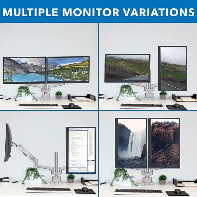Alt view image 2 of 7 - Mount-It! Dual Monitor Mount - Monitor Stands for 2 Monitors, Computer Arms on Desk Stand, Gas Spring Height Adjustable Desk Mount in Silver, VESA 75, 100 Fits Screens Up to 32", Silver Color