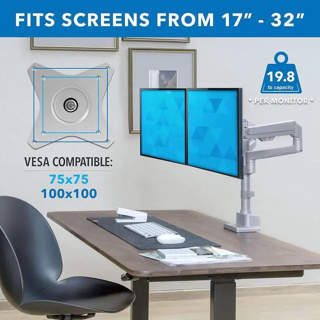 Alt view image 5 of 7 - Mount-It! Dual Monitor Mount - Monitor Stands for 2 Monitors, Computer Arms on Desk Stand, Gas Spring Height Adjustable Desk Mount in Silver, VESA 75, 100 Fits Screens Up to 32", Silver Color