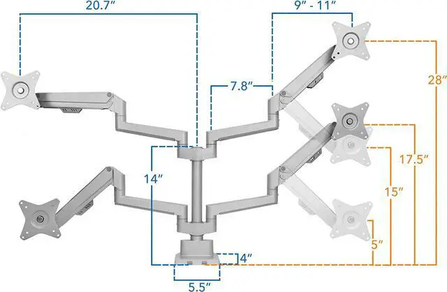 Alt view image 6 of 7 - Mount-It! Dual Monitor Mount - Monitor Stands for 2 Monitors, Computer Arms on Desk Stand, Gas Spring Height Adjustable Desk Mount in Silver, VESA 75, 100 Fits Screens Up to 32", Silver Color