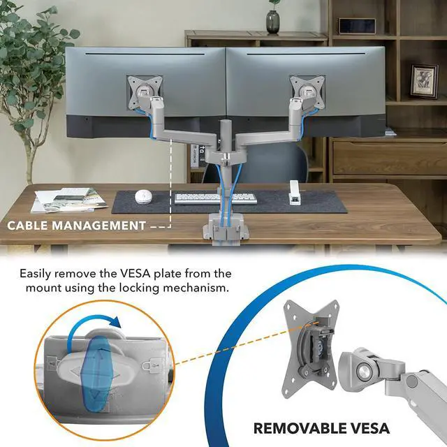 Alt view image 4 of 7 - Mount-It! Dual Monitor Mount - Monitor Stands for 2 Monitors, Computer Arms on Desk Stand, Gas Spring Height Adjustable Desk Mount in Silver, VESA 75, 100 Fits Screens Up to 32", Silver Color