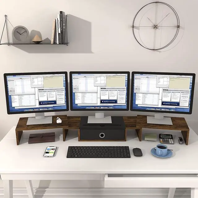 Alt view image 5 of 7 - WESTREE Triple Dual Monitor Stand Riser with Drawer,Extra Large Adjustable for 2~3 Monitors,Solt for Phone & Tablet, Desktop Organizer Stand for Computer,Laptop,Printer,TV