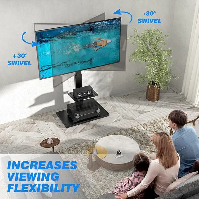Alt view image 3 of 7 - Rfiver Universal Swivel Floor TV Stand with Sturdy Wood Base for 40-77 Inch LCD LED Flat/Curved Screen TVs, Height Adjustable Standing TV Mount with Flexible Shelf and Cable Management, Black