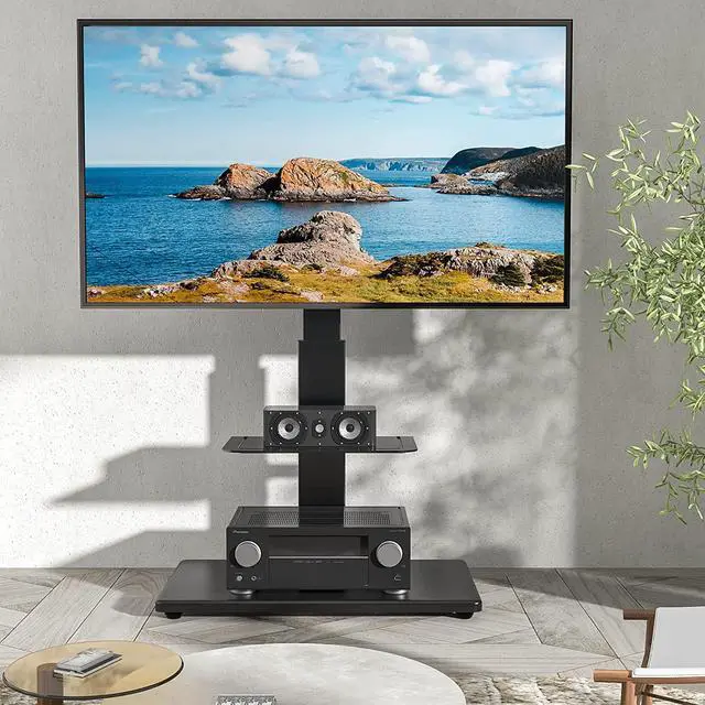 Alt view image 2 of 7 - Rfiver Universal Swivel Floor TV Stand with Sturdy Wood Base for 40-77 Inch LCD LED Flat/Curved Screen TVs, Height Adjustable Standing TV Mount with Flexible Shelf and Cable Management, Black