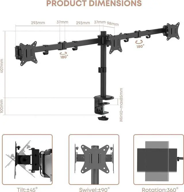 Alt view image 4 of 7 - Triple Monitor Mount, 3 Monitor Desk Mount for 3 Screens up to 24 inches, Fully Adjustable VESA Monitor Stand (IMT66-03), Black