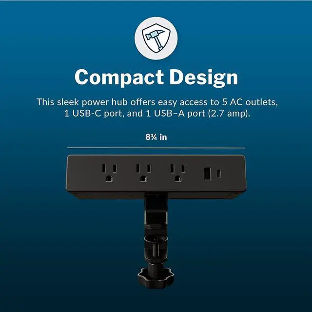 Alt view image 5 of 7 - Vari Power Hub - Black Multiple Outlet Power Charging Station with Desk Mount - 5 AC outlets, 2 USB Ports, 12" Cord - Fast Charging for Work or Home Office - Easy to Install with No Tools Needed