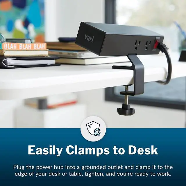 Alt view image 6 of 7 - Vari Power Hub - Black Multiple Outlet Power Charging Station with Desk Mount - 5 AC outlets, 2 USB Ports, 12" Cord - Fast Charging for Work or Home Office - Easy to Install with No Tools Needed