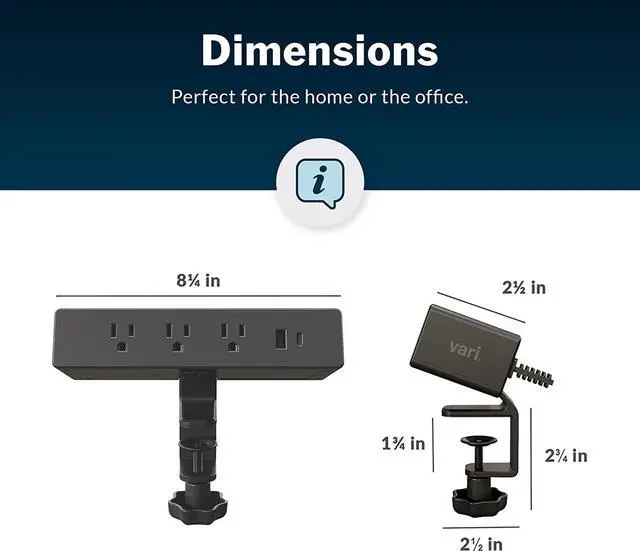 Alt view image 7 of 7 - Vari Power Hub - Black Multiple Outlet Power Charging Station with Desk Mount - 5 AC outlets, 2 USB Ports, 12" Cord - Fast Charging for Work or Home Office - Easy to Install with No Tools Needed