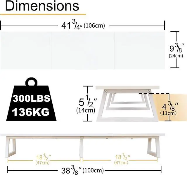 Alt view image 5 of 6 - TEAMIX 42 inch White Monitor Riser for 2 Monitors, Wood Desktop Dual Stand with Metal Legs, Long Screen/PC/Laptop Storage,Computer Shelf TV Holder Home Office (White, inch)