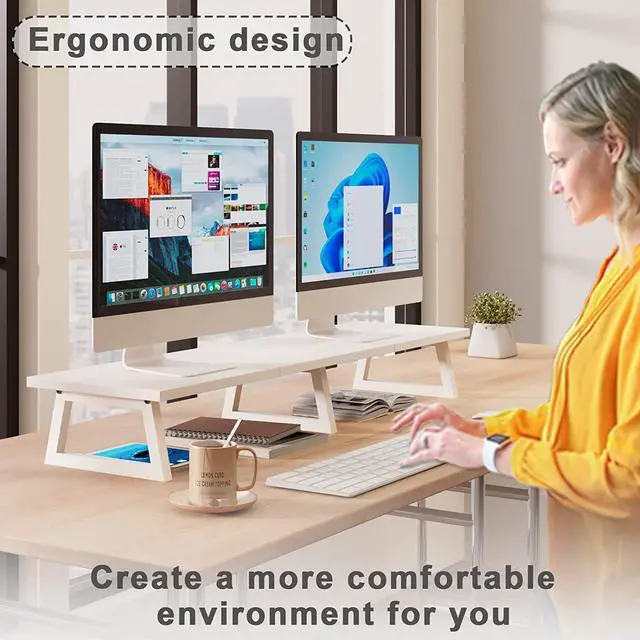 Alt view image 4 of 6 - TEAMIX 42 inch White Monitor Riser for 2 Monitors, Wood Desktop Dual Stand with Metal Legs, Long Screen/PC/Laptop Storage,Computer Shelf TV Holder Home Office (White, inch)