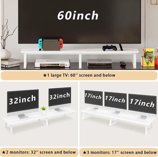 Alt view image 6 of 6 - TEAMIX 42 inch White Monitor Riser for 2 Monitors, Wood Desktop Dual Stand with Metal Legs, Long Screen/PC/Laptop Storage,Computer Shelf TV Holder Home Office (White, inch)