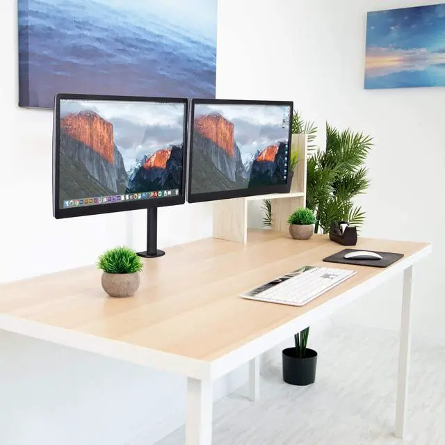 Alt view image 2 of 7 - Mount-It! Dual Monitor Mount | Double Monitor Desk Stand | Two Heavy Duty Full Motion Adjustable Arms Fit 2 Computer Screens 17 19 20 21 22 24 27 Inch | VESA 75 100 | C-Clamp and Grommet Base