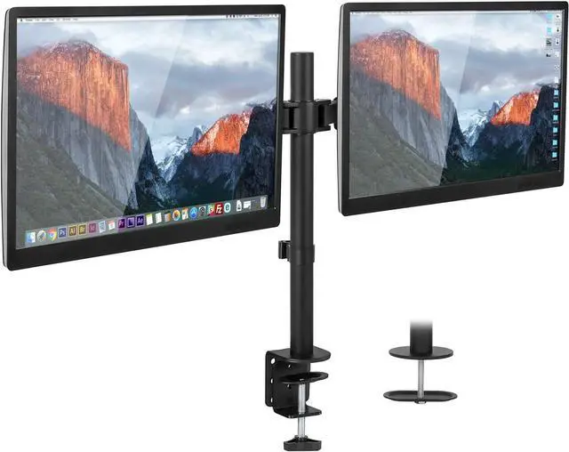 Alt view image 3 of 7 - Mount-It! Dual Monitor Mount | Double Monitor Desk Stand | Two Heavy Duty Full Motion Adjustable Arms Fit 2 Computer Screens 17 19 20 21 22 24 27 Inch | VESA 75 100 | C-Clamp and Grommet Base