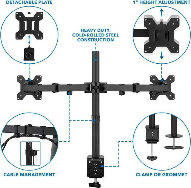 Alt view image 5 of 7 - Mount-It! Dual Monitor Mount | Double Monitor Desk Stand | Two Heavy Duty Full Motion Adjustable Arms Fit 2 Computer Screens 17 19 20 21 22 24 27 Inch | VESA 75 100 | C-Clamp and Grommet Base
