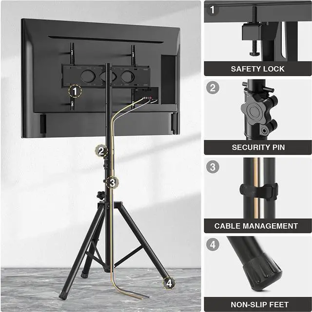 Alt view image 4 of 7 - Tripod TV Stand for 23-75 inch Flat Screen/Curved TVs up to 100 lbs, Outdoor TV Stand with ±15° Tilt, Height Adjustable Portable TV Stand with Safety Design, Max VESA 600x400m, Black