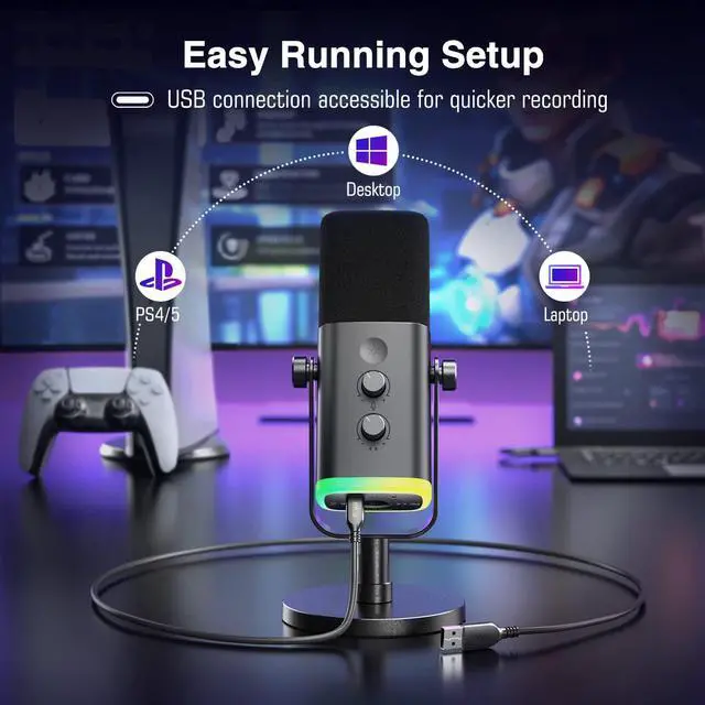 Alt view image 4 of 7 - Dynamic Microphone for Podcast Recording, PC Computer Gaming Streaming Mic with RGB Light, Mute Button, Headphones Jack, Desktop Stand, Vocal Mic for Singing YouTube-AmpliGame AM8