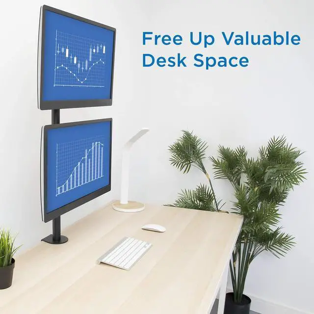 Alt view image 3 of 7 - Mount-It! Vertical Dual Monitor Mount | Stacked Monitor Desk Stand | Fits 2 Computer Screens 19 20 21 22 23 24 27 32 Inches | C-Clamp and Grommet Bases | VESA 75 100 Compatible