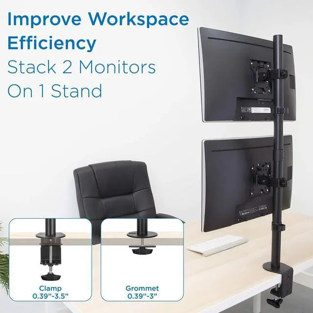 Alt view image 4 of 7 - Mount-It! Vertical Dual Monitor Mount | Stacked Monitor Desk Stand | Fits 2 Computer Screens 19 20 21 22 23 24 27 32 Inches | C-Clamp and Grommet Bases | VESA 75 100 Compatible