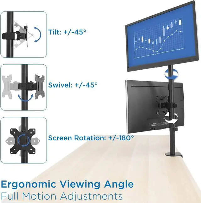 Alt view image 6 of 7 - Mount-It! Vertical Dual Monitor Mount | Stacked Monitor Desk Stand | Fits 2 Computer Screens 19 20 21 22 23 24 27 32 Inches | C-Clamp and Grommet Bases | VESA 75 100 Compatible