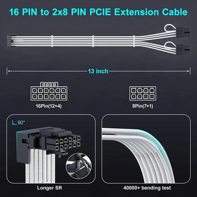 Alt view image 5 of 7 - Bangfun 16Pin Right Angled RTX 4070 Ti GPU Power Extension Cable, PCIE 5.0 16Pin Male to 2x8Pin Female 12VHPWR 90 Degree GPU Power Adapter Cable for Geforce RTX 4070 5080 5070Ti-13 inch White