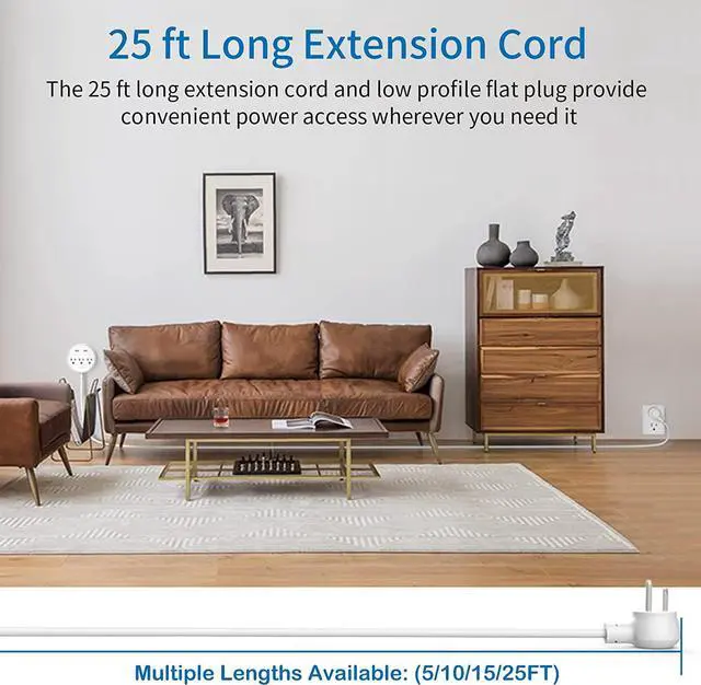 Alt view image 2 of 7 - Extension Cord 25ft, NTONPOWER Power Strip with Long Extension Cord, 3 Outlet 2 USB Compact Desktop Charging Station Wall Mount for TV Living Room, Dorm, Office and Nightstand - White