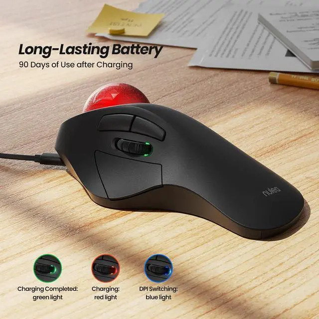 Alt view image 5 of 7 - Nulea Wireless Ergonomic Trackball Mouse, Rechargeable, Bluetooth Rollerball Mouse, 44mm Index Finger Trackball, 5 Adjustable DPI, Compatible with PC, Laptop, Mac