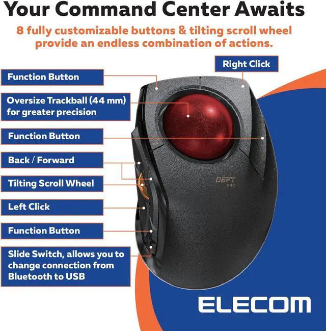 Alt view image 6 of 7 - ELECOM DEFT PRO Trackball Mouse, Wired, Wireless, Bluetooth 3 Types Connection, Ergonomic Design, 8-Button Function, Red Ball, Windows11, MacOS (M-DPT1MRXBK)