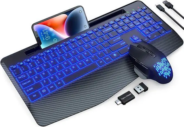 Main image of Wireless Keyboard and Mouse Backlits, Wrist Rest, Jiggler Mouse, Rechargeable Ergonomic Keyboard with Phone Holder, Silent Light Up Combo for Computer, Mac, PC, Laptop, Chromebook (Black)
