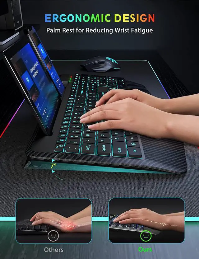 Alt view image 3 of 7 - Wireless Keyboard and Mouse Backlits, Wrist Rest, Jiggler Mouse, Rechargeable Ergonomic Keyboard with Phone Holder, Silent Light Up Combo for Computer, Mac, PC, Laptop, Chromebook (Black)