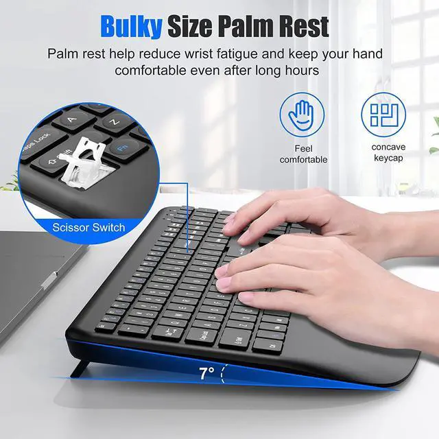 Alt view image 2 of 7 - Ergonomic Wireless Keyboard and Mouse, 2.4G Rechargeable Full Size Keyboard Mouse Set with Wrist Support Mouse Pad , Multi-Device, Windows/Mac/Android(Black)