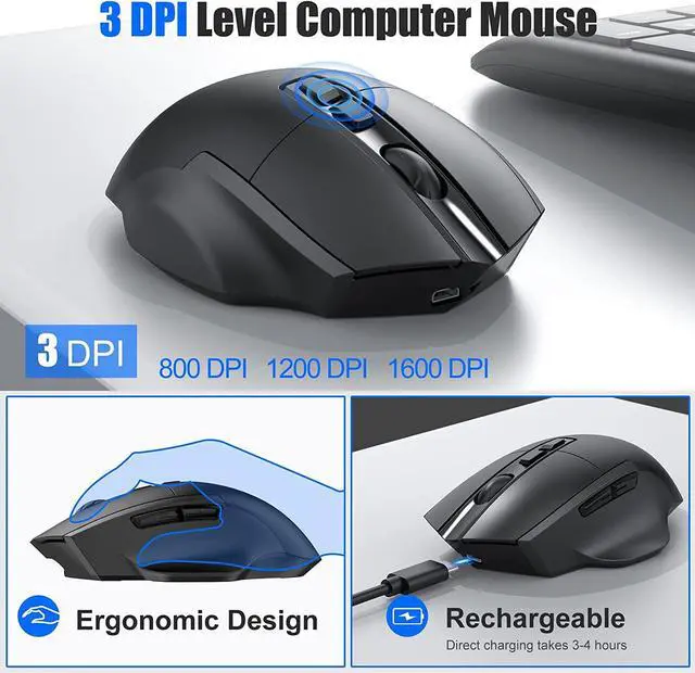 Alt view image 4 of 7 - Ergonomic Wireless Keyboard and Mouse, 2.4G Rechargeable Full Size Keyboard Mouse Set with Wrist Support Mouse Pad , Multi-Device, Windows/Mac/Android(Black)