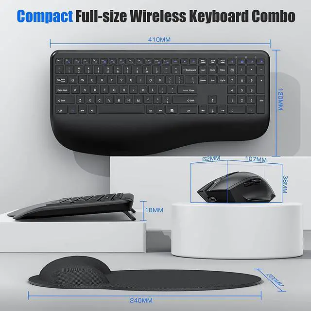 Alt view image 5 of 7 - Ergonomic Wireless Keyboard and Mouse, 2.4G Rechargeable Full Size Keyboard Mouse Set with Wrist Support Mouse Pad , Multi-Device, Windows/Mac/Android(Black)