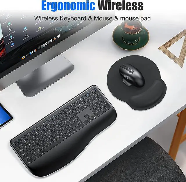 Alt view image 6 of 7 - Ergonomic Wireless Keyboard and Mouse, 2.4G Rechargeable Full Size Keyboard Mouse Set with Wrist Support Mouse Pad , Multi-Device, Windows/Mac/Android(Black)