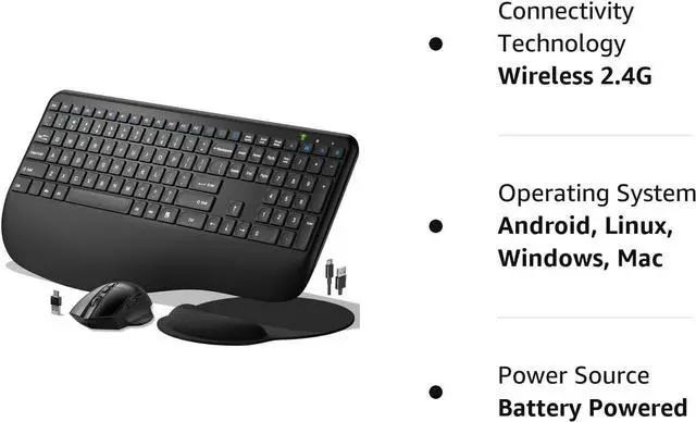 Alt view image 7 of 7 - Ergonomic Wireless Keyboard and Mouse, 2.4G Rechargeable Full Size Keyboard Mouse Set with Wrist Support Mouse Pad , Multi-Device, Windows/Mac/Android(Black)