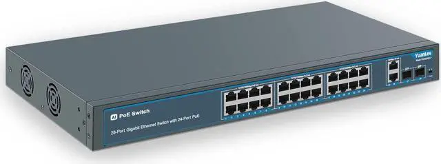 Main image of 24 Port Gigabit Ethernet PoE Switch with 2 Uplink Gigabit Port & 2 SFP Port, YuanLey Unmanaged 24 Port PoE+ Network Switch, Rackmout, Build in 400W Power, Support 802.3af/at, Plug and Play