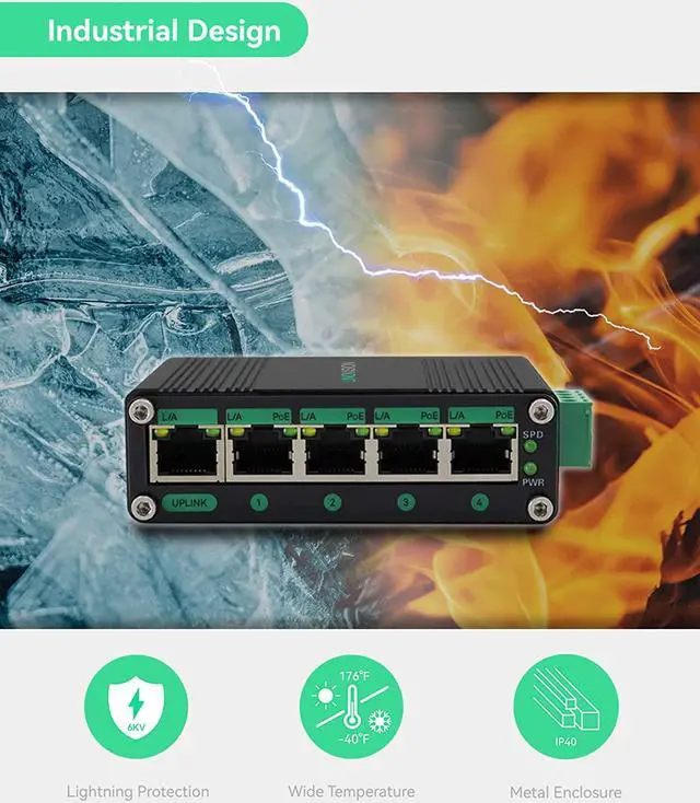 Alt view image 4 of 7 - LINOVISION Industrial 5 Ports Gigabit Solar POE Switch with DC12V-48V to DC48V Voltage Booster,4 x IEEE802.3af/at 30W POE Ports @120W, IP40, Compact POE Power for Solar Power/RV Truck/VoIP Systems