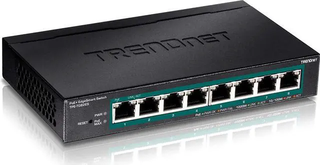 Main image of TRENDnet 8-Port Gigabit EdgeSmart PoE+ Switch, 8 x Gigabit PoE+ Ports, 64W PoE Power Budget, Managed PoE+ Switch, Wall Mountable, Desktop Ethernet Switch, Lifetime Protection, Black, TPE-TG82ES