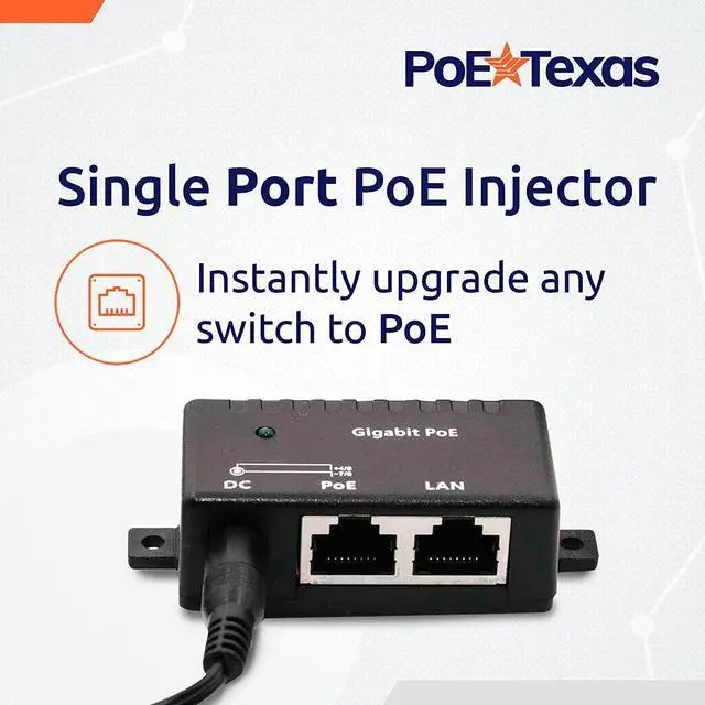 Alt view image 2 of 6 - Poe Texas PoE Injector - Single Port Power Over Ethernet Passive PoE Adapter - 10/100/1000 Gigabit Data - Includes 48V 15W Power Supply - Wall Mounting Plug & Play for Home Office, VoIP Phone, WiFi AP