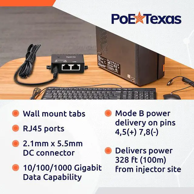 Alt view image 3 of 6 - Poe Texas PoE Injector - Single Port Power Over Ethernet Passive PoE Adapter - 10/100/1000 Gigabit Data - Includes 48V 15W Power Supply - Wall Mounting Plug & Play for Home Office, VoIP Phone, WiFi AP