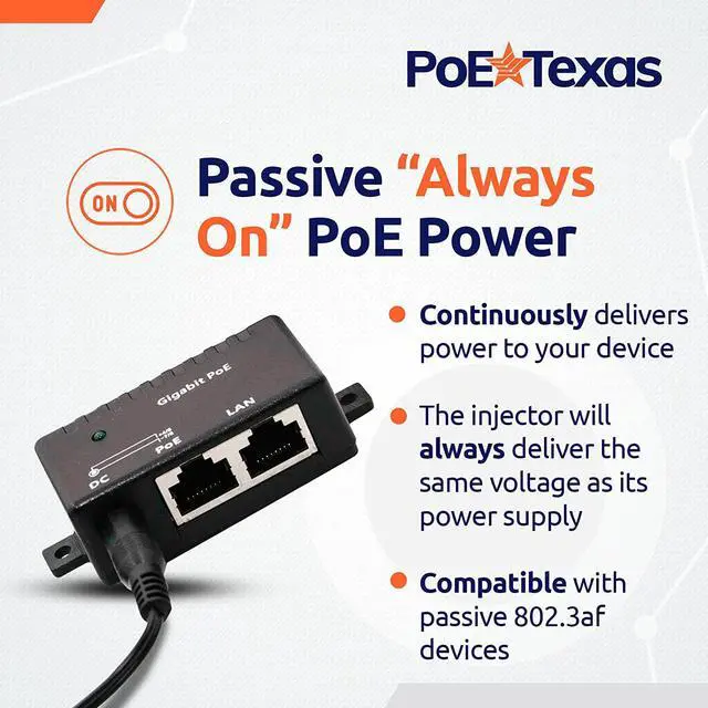 Alt view image 6 of 6 - Poe Texas PoE Injector - Single Port Power Over Ethernet Passive PoE Adapter - 10/100/1000 Gigabit Data - Includes 48V 15W Power Supply - Wall Mounting Plug & Play for Home Office, VoIP Phone, WiFi AP