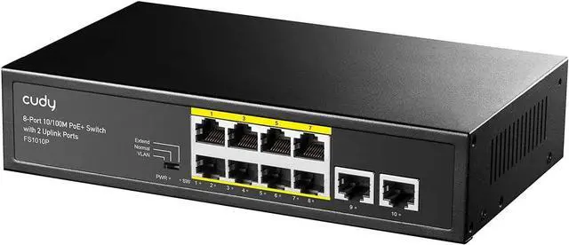 Main image of Cudy 8 Port PoE+ Switch with 2 Uplink Ports 120W, 8 10/100Mbps PoE+@120W, Extend/VLAN Mode, 802.3af, 802.3at Standard, Fanless, Watchdog, Plug and Play FS1010P