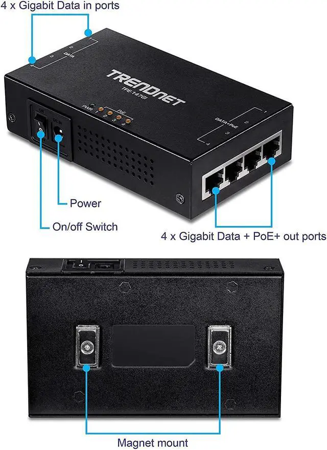 Alt view image 6 of 7 - TRENDnet 65W 4-Port Gigabit PoE+ Injector, TPE-147GI, 4 x Gigabit Ports(Data in), 4 x gigabit PoE Ports(Data + PoE Out), Multi-Port PoE+ Injector up to 100m(328 ft.), Add PoE+ Power to Non-PoE Switch