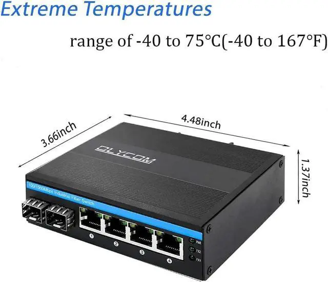 Alt view image 2 of 7 - 4-Port Outdoor Full Gigabit PoE+ DIN-Rail Fiber Network Switch 4 x Gigabit PoE+ Ports 2 x 1.25G SFP Fiber Ports 120W with 2pcs Industrial SFP Transceivers