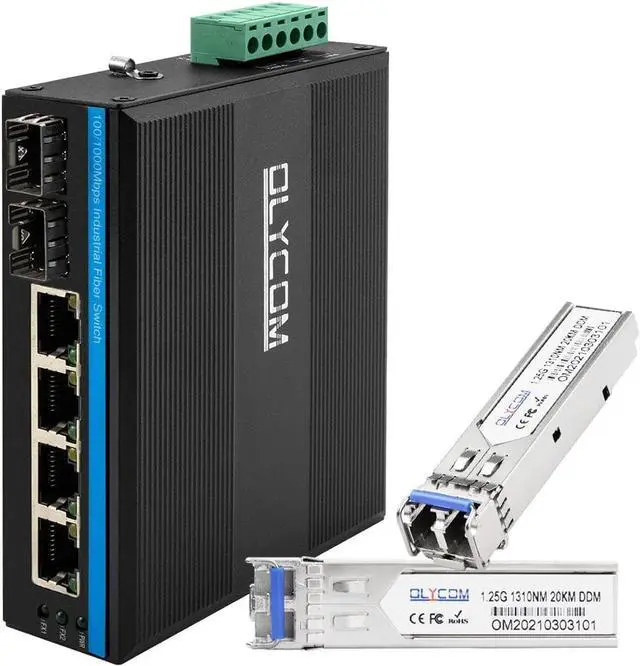 Main image of 4-Port Outdoor Full Gigabit PoE+ DIN-Rail Fiber Network Switch 4 x Gigabit PoE+ Ports 2 x 1.25G SFP Fiber Ports 120W with 2pcs Industrial SFP Transceivers
