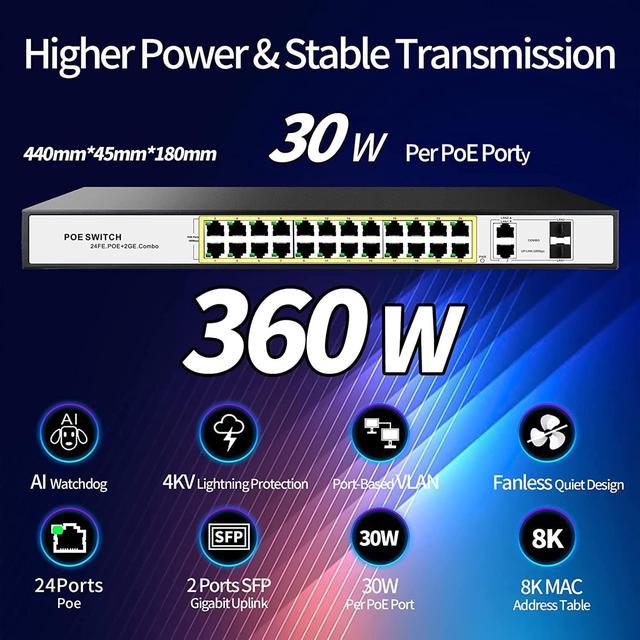 STEAMEMO 26 Port Gigabit Ethernet Unmanaged PoE Switch, 24 Gigabit PoE+  Port@360W, 2 SFP Slots, Metal Casing, Fanless, 802.3AF/at, Plug and Play