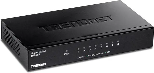 Main image of TRENDnet 8-Port Gigabit Desktop Switch, TEG-S83, 8 x Gigabit RJ-45 Ports, 16Gbps Switching Capacity, Fanless Design, Metal Enclosure, Lifetime Protection, Black