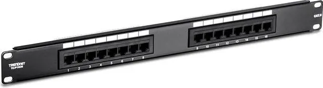 Main image of TRENDnet 16-Port Cat6 Unshielded Patch Panel, TC-P16C6, Wallmount or Rackmount, 1U 19" Cat3/Cat4/Cat5/Cat5e/Cat6 Compatible, 250Mhz Connection, Ethernet/Fast Ethernet/Gigabit Ethernet (1000Base-T)